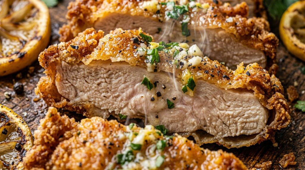 Ultra close-up macro of golden-crusted crispy air-fried chicken cutlets sliced diagonally with garlic herb lemon butter drizzle