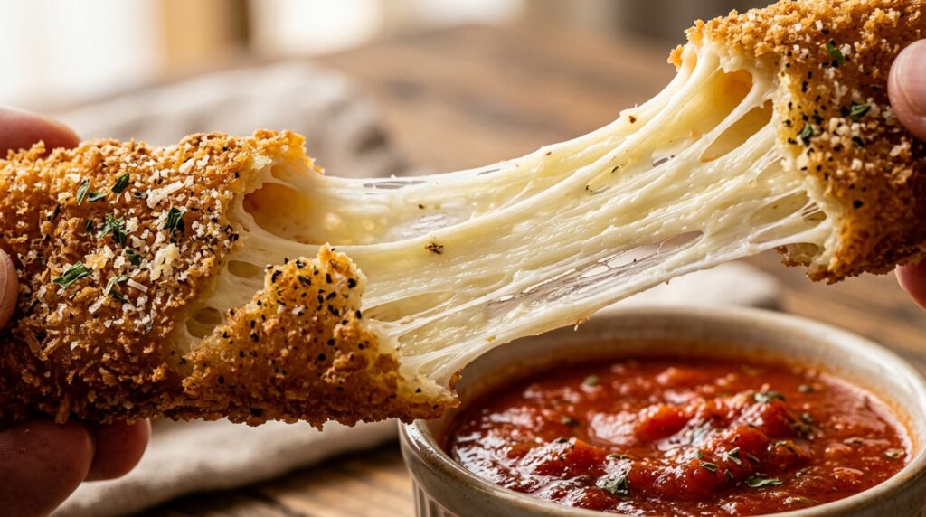 Ultra close-up macro of crispy golden air-fryer mozzarella stick broken in half with an epic gooey cheese pull dipping into marinara