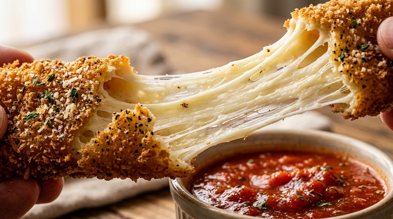 Ultra close-up macro of crispy golden air-fryer mozzarella stick broken in half with an epic gooey cheese pull dipping into marinara