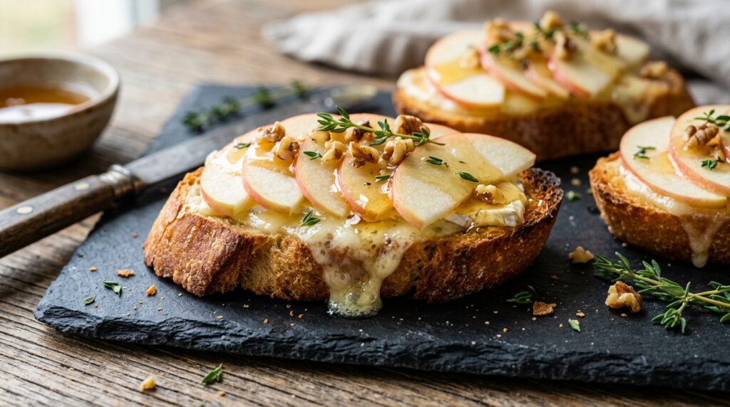 Ultra close-up macro of warm golden apple brie crostini on toasted baguette with melted French brie, fan-sliced Honeycrisp apples, wildflower honey, and fresh thyme