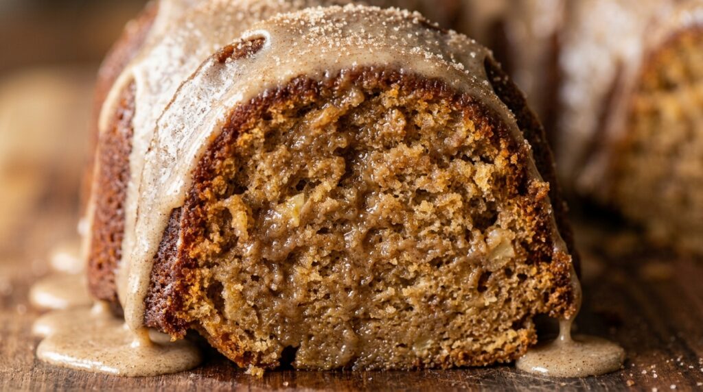 Ultra close-up macro of a slice of moist spiced apple cider bundt cake with vanilla cinnamon glaze dripping down golden ridges