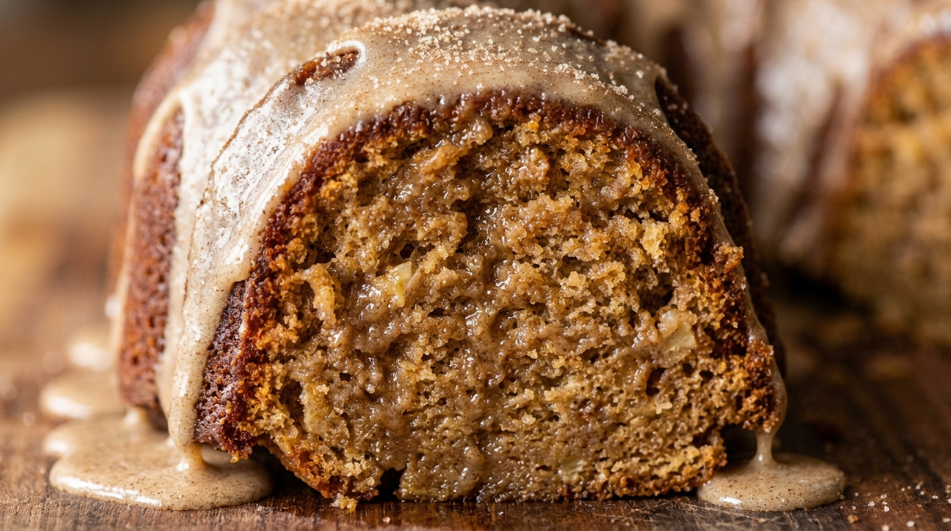Ultra close-up macro of a slice of moist spiced apple cider bundt cake with vanilla cinnamon glaze dripping down golden ridges