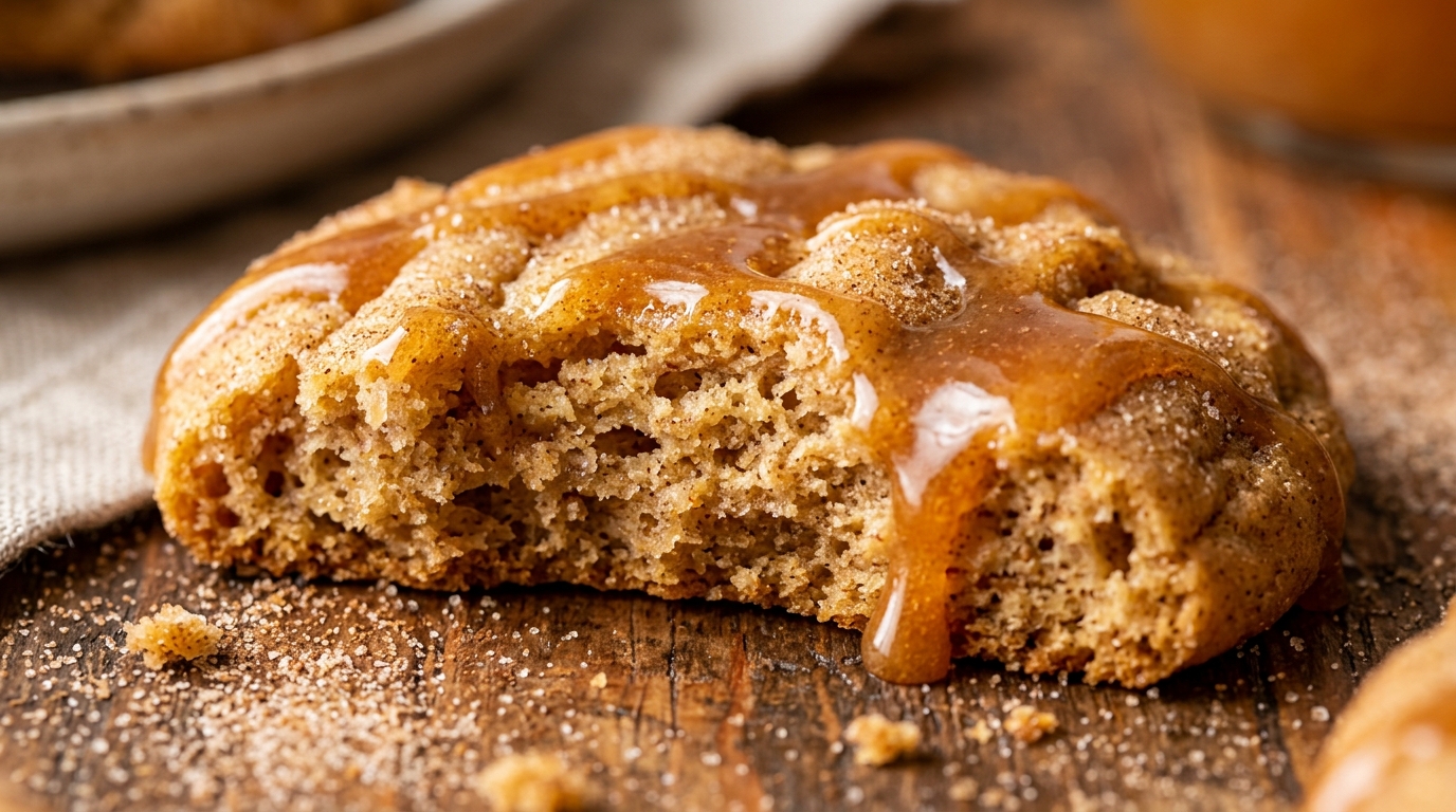 Ultra close-up macro of soft bakery apple cider cookies with spiced cinnamon glaze