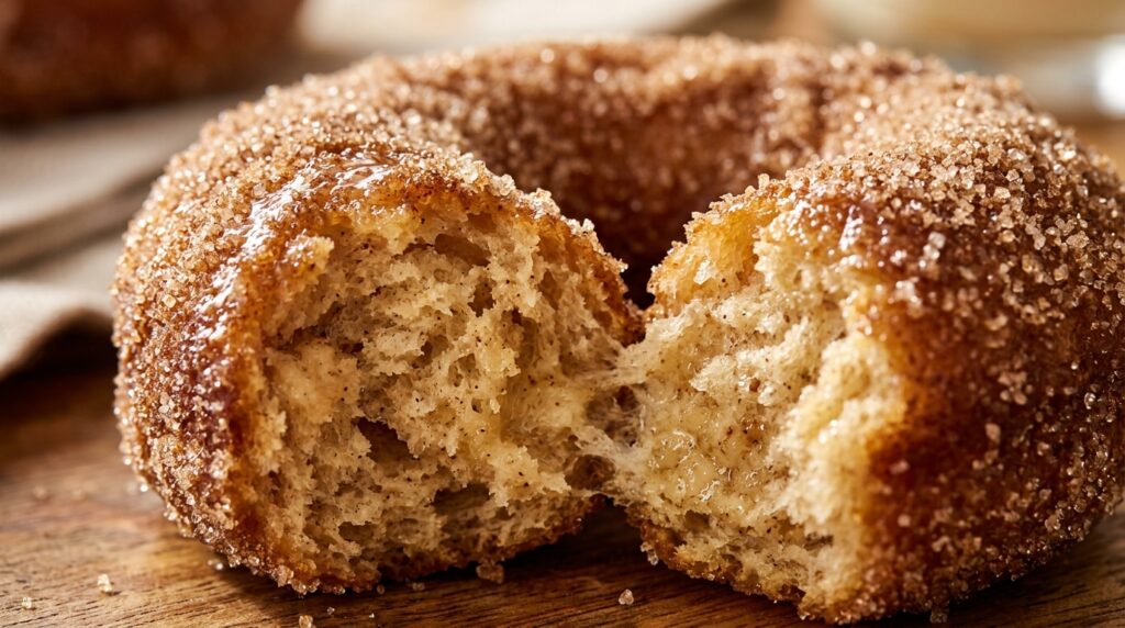 Ultra close-up macro warm golden baked apple cider donut broken open showing spiced cake crumb and sparkling cinnamon sugar coating