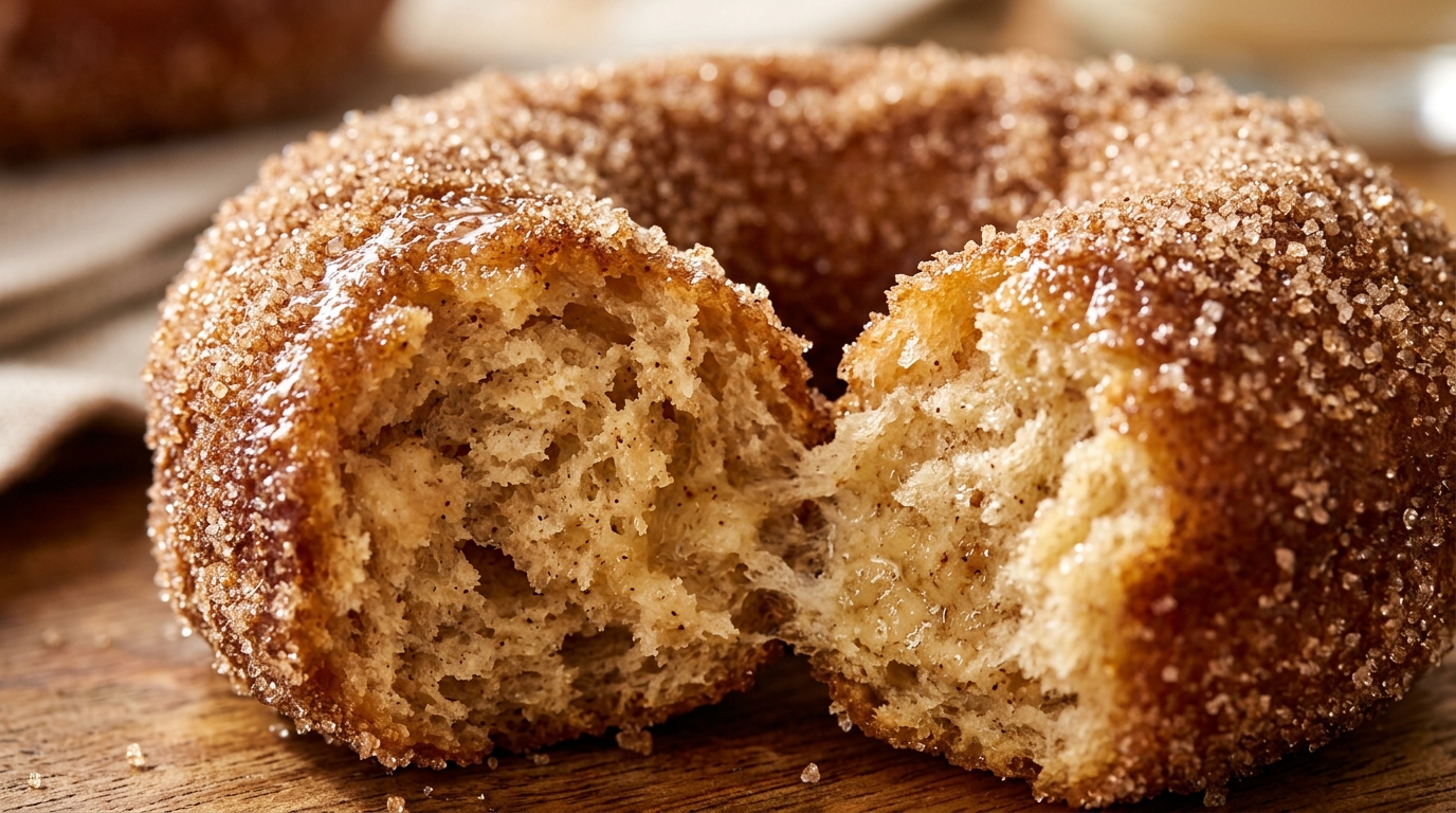 Ultra close-up macro warm golden baked apple cider donut broken open showing spiced cake crumb and sparkling cinnamon sugar coating