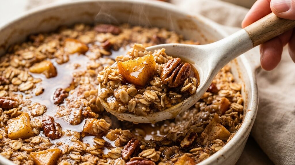Ultra close-up macro spoon scooping warm apple cinnamon baked oatmeal with caramelized apples, toasted pecans, and maple syrup