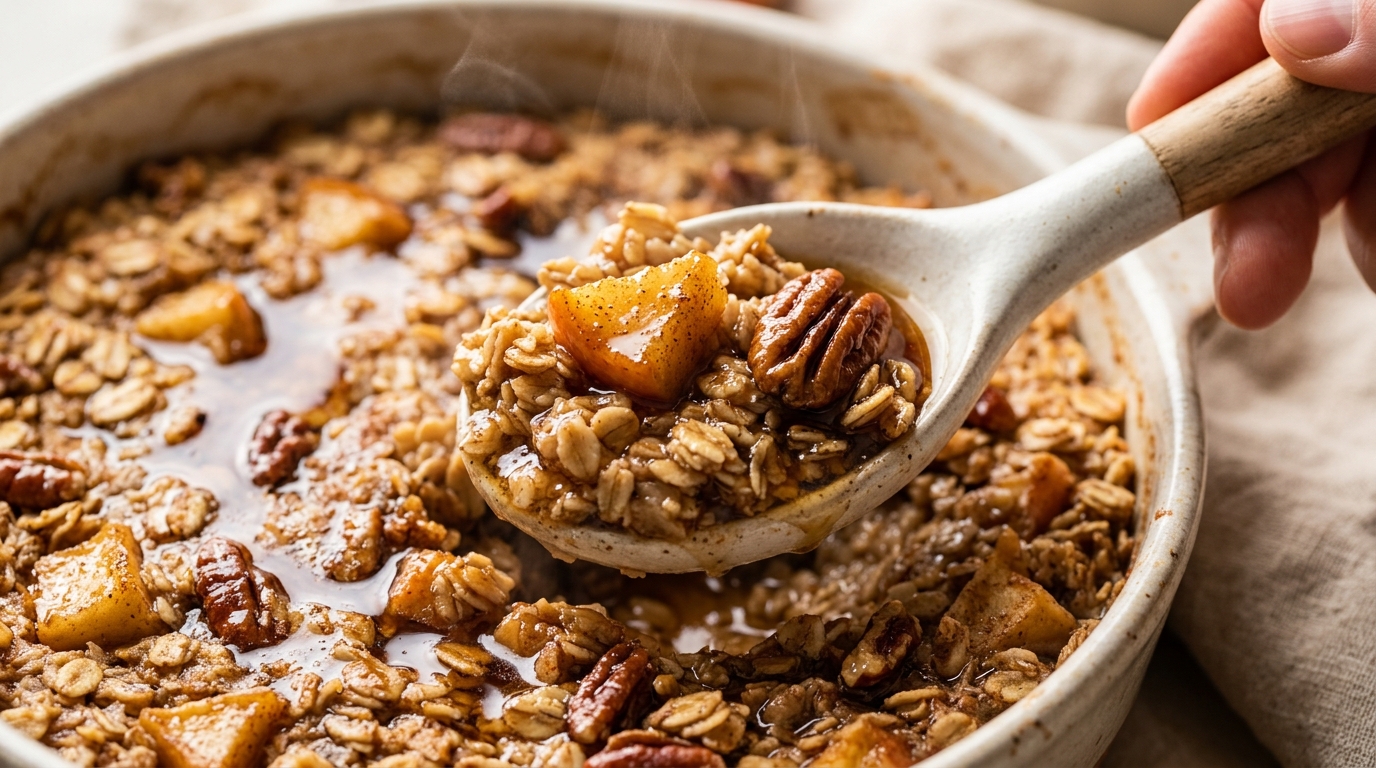 Ultra close-up macro spoon scooping warm apple cinnamon baked oatmeal with caramelized apples, toasted pecans, and maple syrup