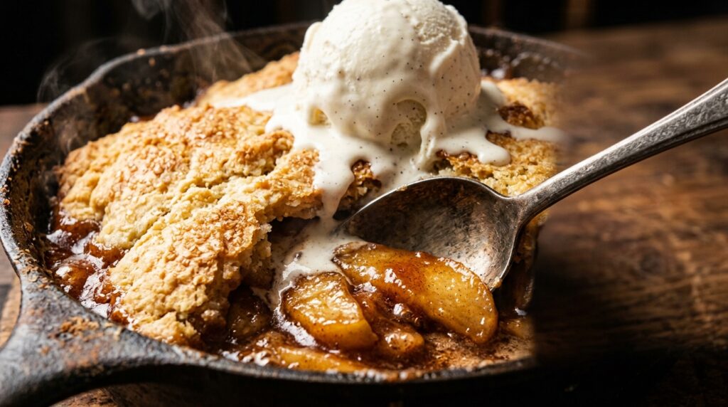 Ultra close-up macro of bubbling cinnamon spiced apple cobbler in cast iron skillet with golden biscuit crust and melting vanilla ice cream
