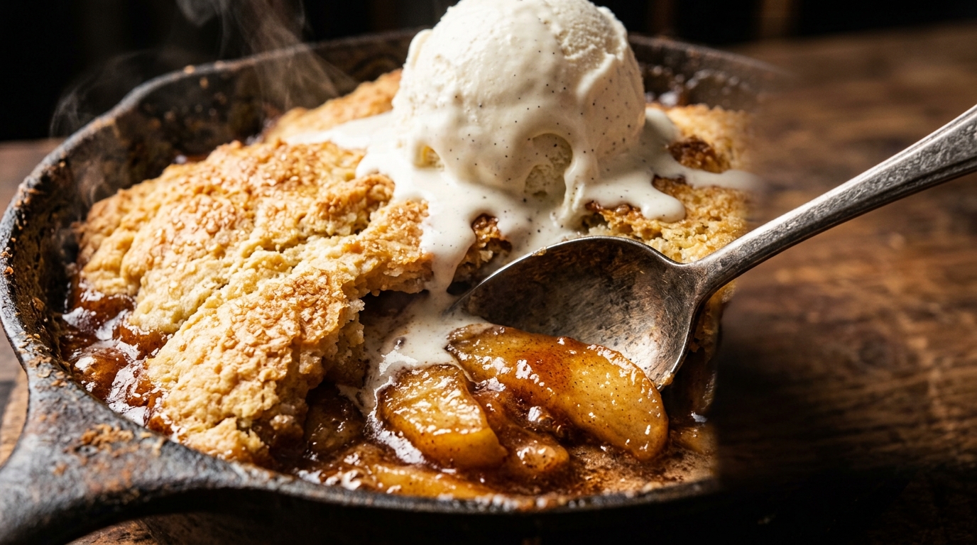 Ultra close-up macro of bubbling cinnamon spiced apple cobbler in cast iron skillet with golden biscuit crust and melting vanilla ice cream