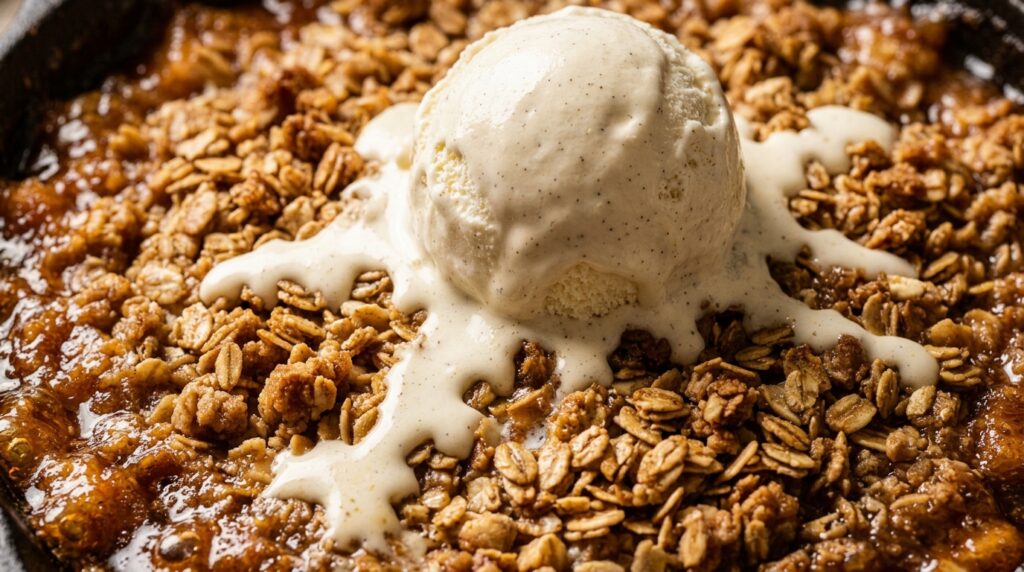 Ultra close-up macro bubbling brown butter apple crisp in cast iron skillet with golden oat streusel and melting vanilla ice cream