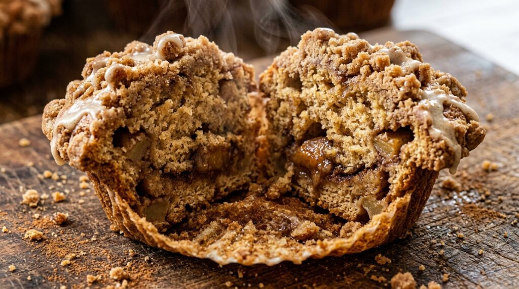 Ultra close-up macro of warm bakery cinnamon apple muffin split open with spiced apple chunks, brown sugar streusel, and vanilla glaze