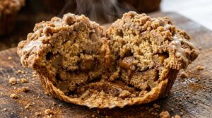 Ultra close-up macro of warm bakery cinnamon apple muffin split open with spiced apple chunks, brown sugar streusel, and vanilla glaze