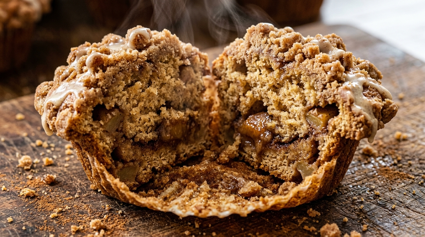 Ultra close-up macro of warm bakery cinnamon apple muffin split open with spiced apple chunks, brown sugar streusel, and vanilla glaze