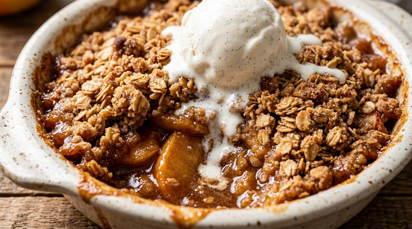 Ultra close-up macro of traditional old-fashioned brown butter apple crumble in a ceramic baking dish with melting vanilla bean ice cream cascading over golden oat topping