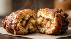 Ultra close-up macro of a warm golden-brown deep-fried bakery apple fritter broken gently in half revealing spiced apple chunks and cider glaze