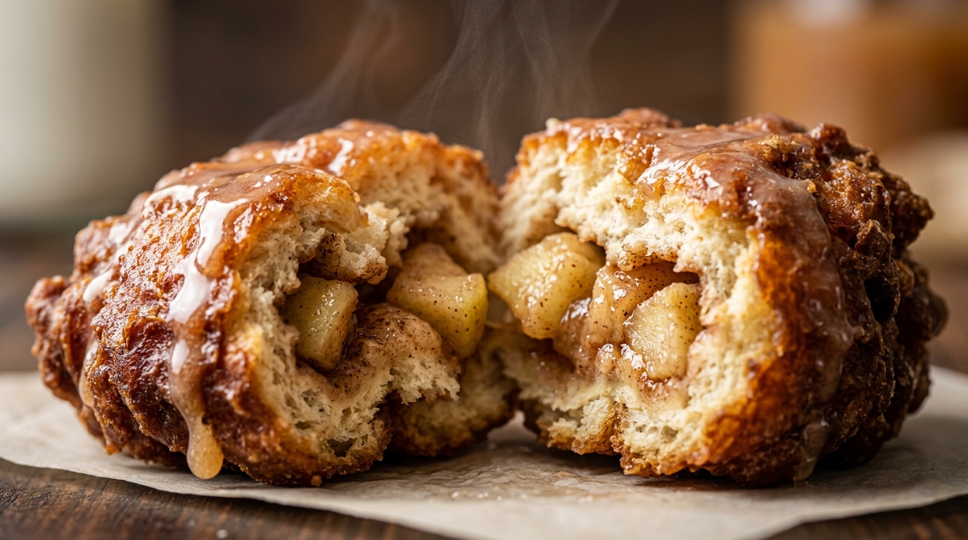 Ultra close-up macro of a warm golden-brown deep-fried bakery apple fritter broken gently in half revealing spiced apple chunks and cider glaze