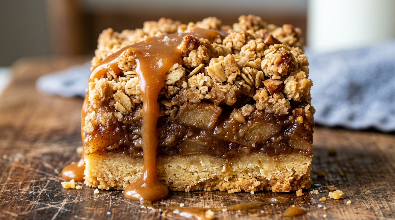 Ultra close-up macro neat square apple pie bar with shortbread base spiced apple layer crunchy oat streusel and salted caramel drizzle