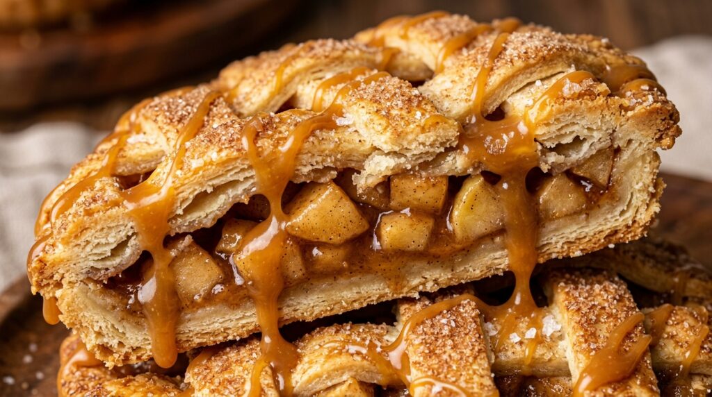 Ultra close-up macro of a warm spiced apple pie cookie cut open showing flaky lattice crust, spiced apple filling, and golden salted caramel