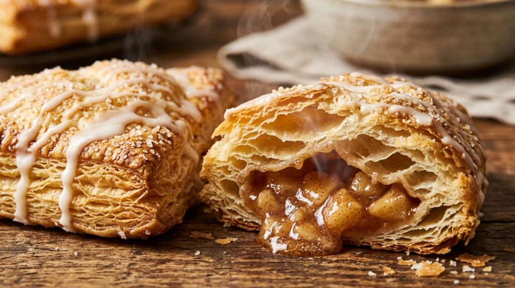 Ultra close-up macro of golden flaky bakery apple turnovers with sweet vanilla glaze
