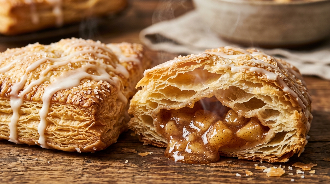 Ultra close-up macro of golden flaky bakery apple turnovers with sweet vanilla glaze