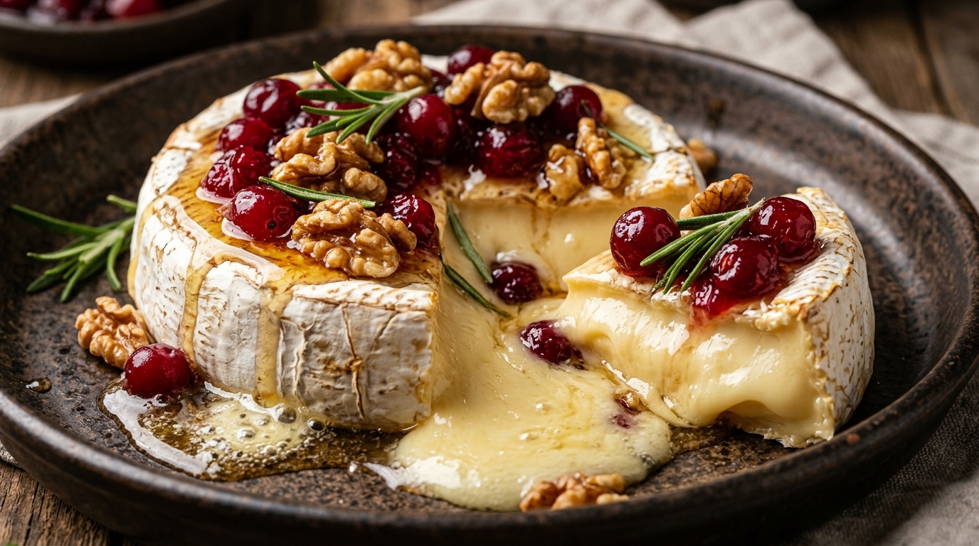 Ultra close-up macro of warm baked French brie with melting cheese, ruby cranberries, and toasted walnuts