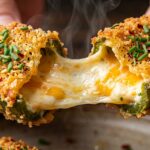 Ultra close-up macro of piping hot crispy baked halal jalapeno popper pulled apart showing bubbling cream cheese and cheddar filling with golden panko crust