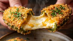 Ultra close-up macro of piping hot crispy baked halal jalapeno popper pulled apart showing bubbling cream cheese and cheddar filling with golden panko crust