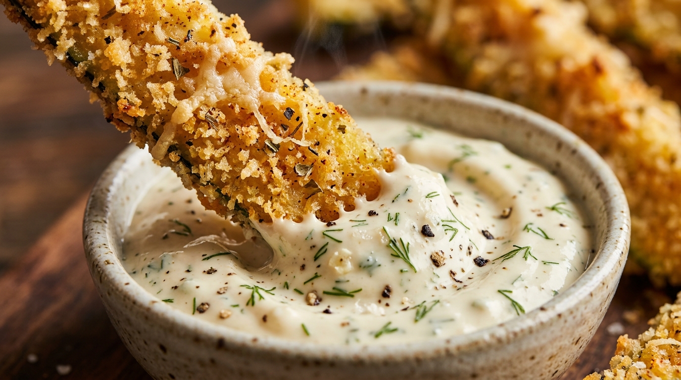 Ultra close-up macro of golden crispy baked zucchini fries coated in seasoned panko dipping into garlic herb aioli
