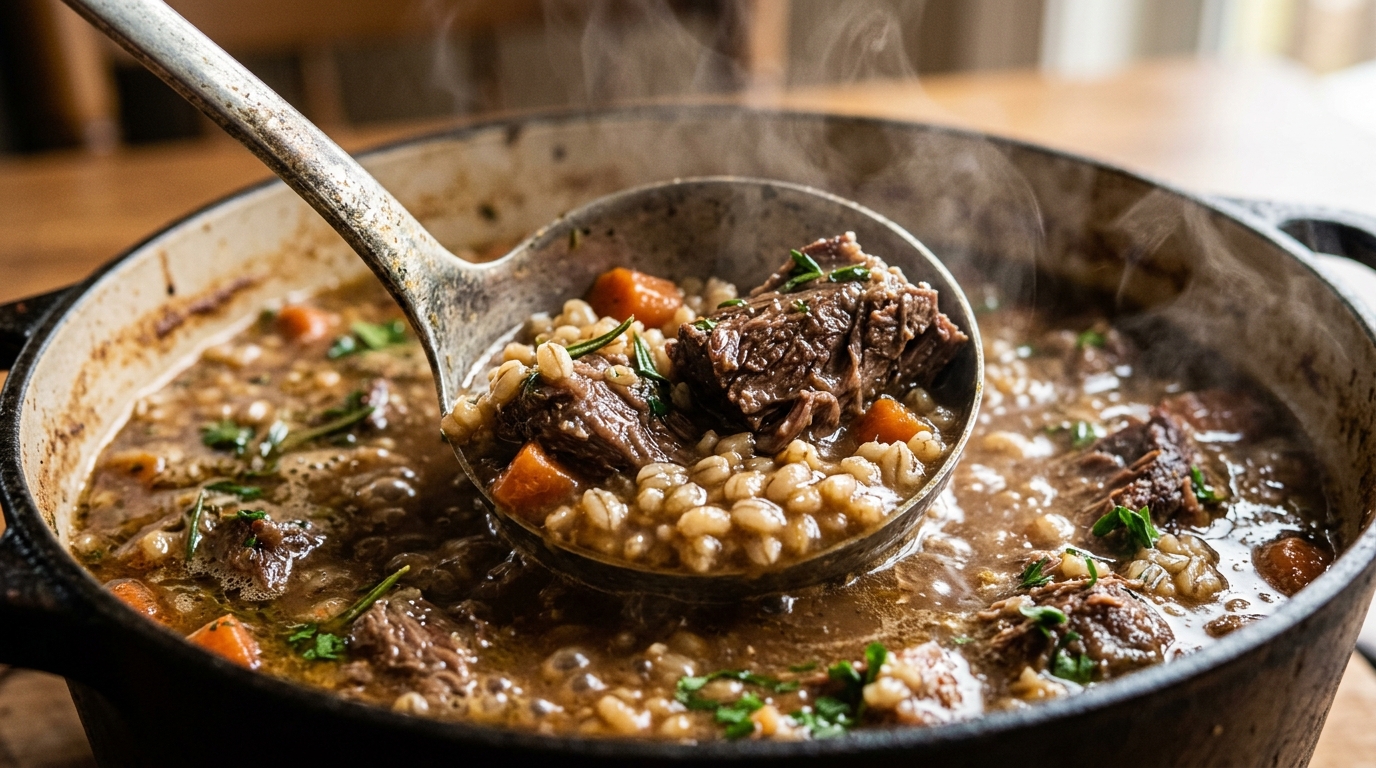 Ultra close-up macro of vintage ladle scooping tender halal beef chuck and pearl barley stew bubbling in rich savory herb gravy