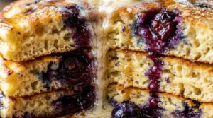 Ultra close-up macro of ultra-fluffy blueberry buttermilk pancake stack with melting butter and maple syrup