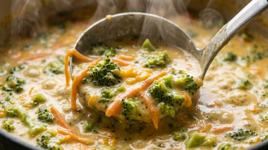 Ultra close-up macro of a ladle scooping velvety broccoli cheddar soup with tender florets, matchstick carrots, and melted cheese