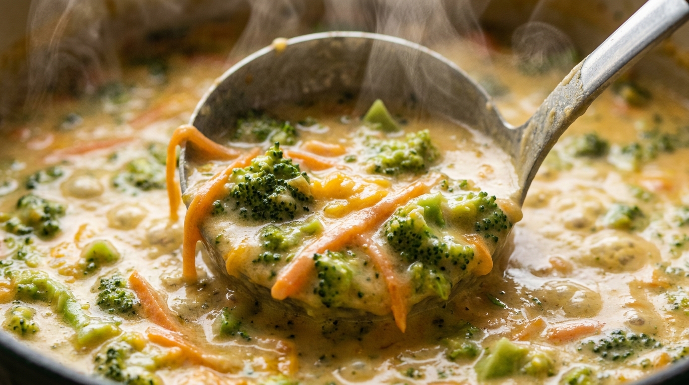Ultra close-up macro of a ladle scooping velvety broccoli cheddar soup with tender florets, matchstick carrots, and melted cheese