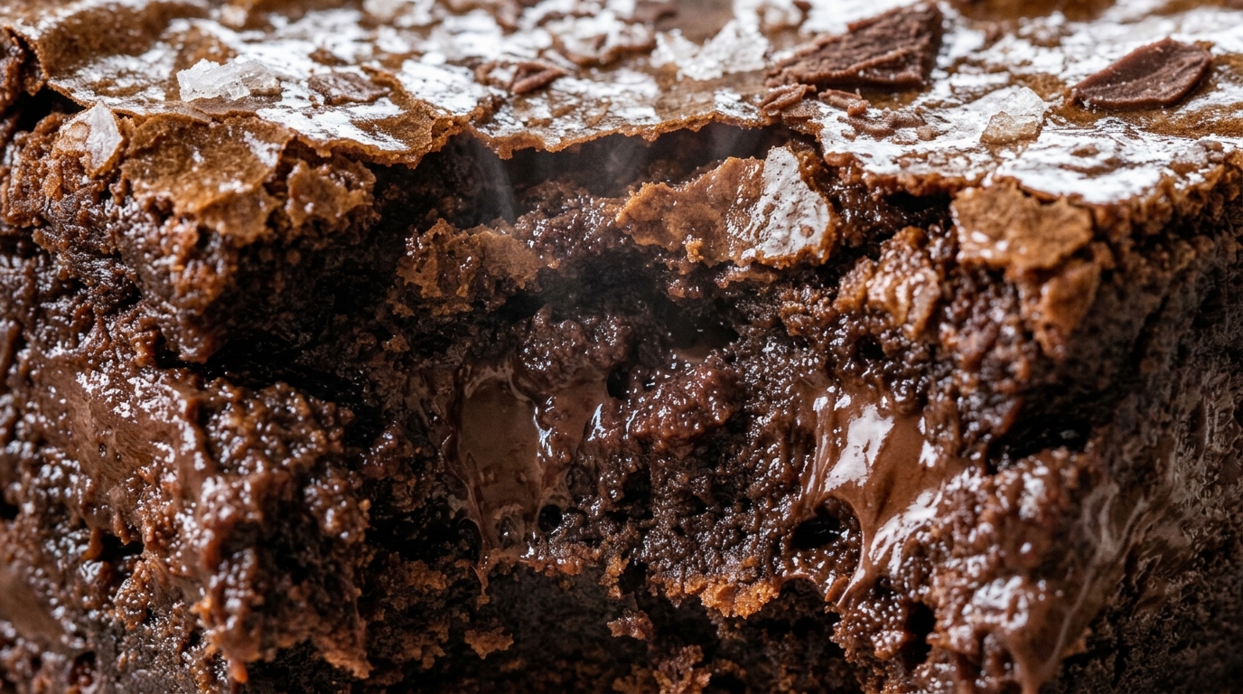 Ultra close-up macro of dense chewy fudgy brown butter brownie with paper-thin crinkly crust and flaky sea salt