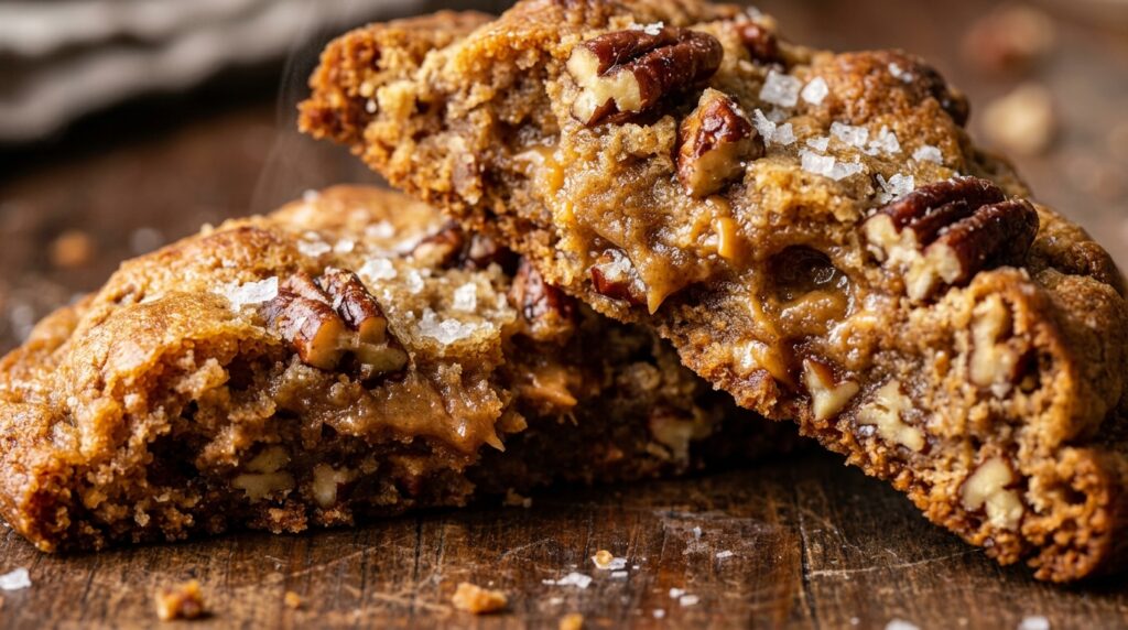 Ultra close-up macro warm chewy brown butter pecan cookie broken gently revealing soft dense center and crispy rippled edges with flaky sea salt