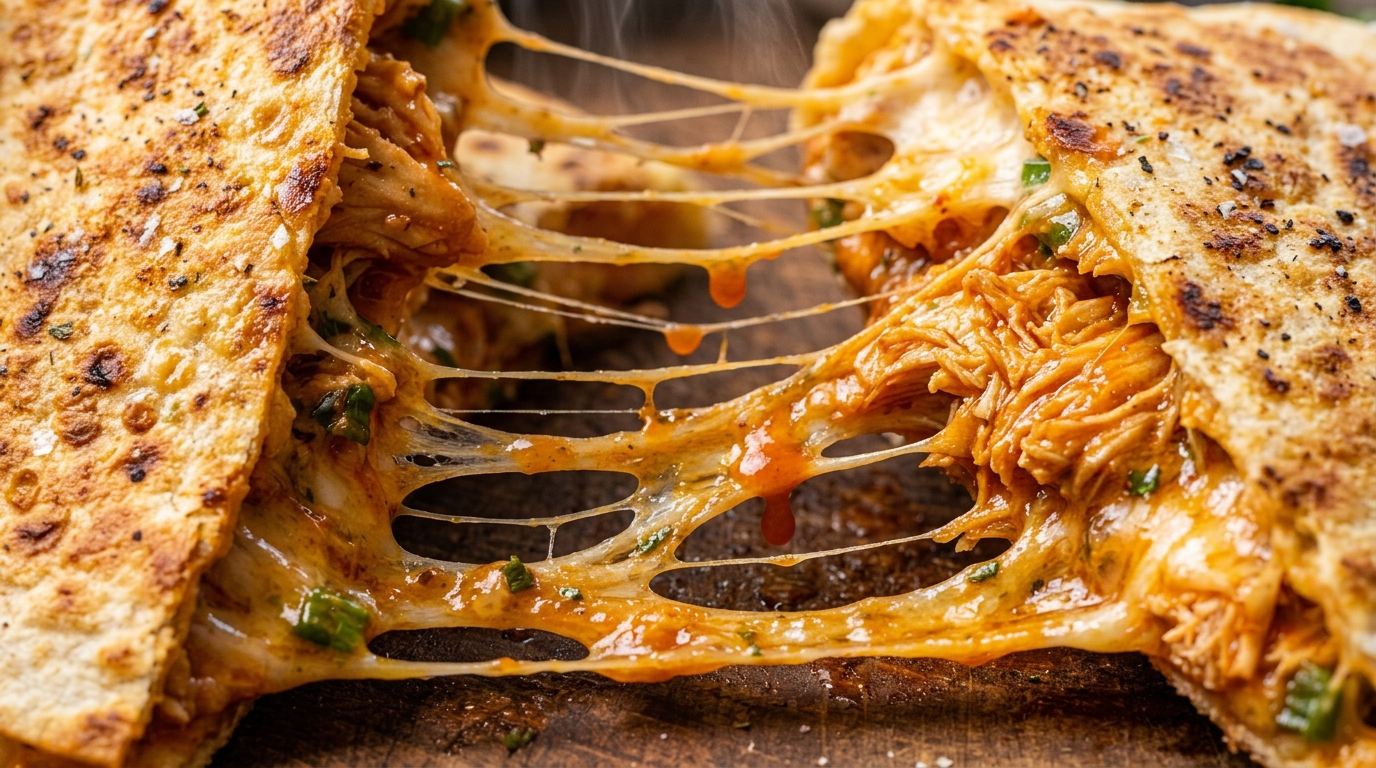 Ultra close-up macro of golden crispy buffalo chicken quesadilla with melted cheese pull and zesty buffalo sauce