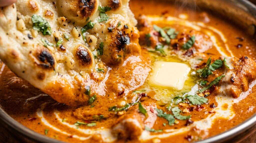 Ultra close-up macro of warm garlic naan dipping into steaming copper bowl of rich creamy halal butter chicken with cream swirl and fresh cilantro