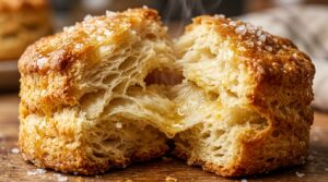 Ultra close-up macro of towering warm golden-brown buttermilk biscuit pulled open showing flaky buttery layers steaming with honey butter glaze