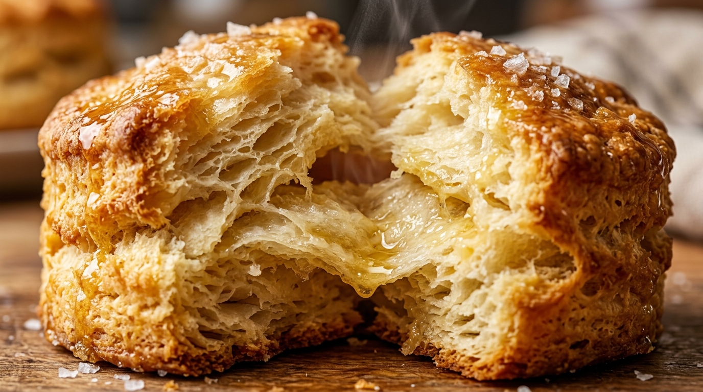 Ultra close-up macro of towering warm golden-brown buttermilk biscuit pulled open showing flaky buttery layers steaming with honey butter glaze
