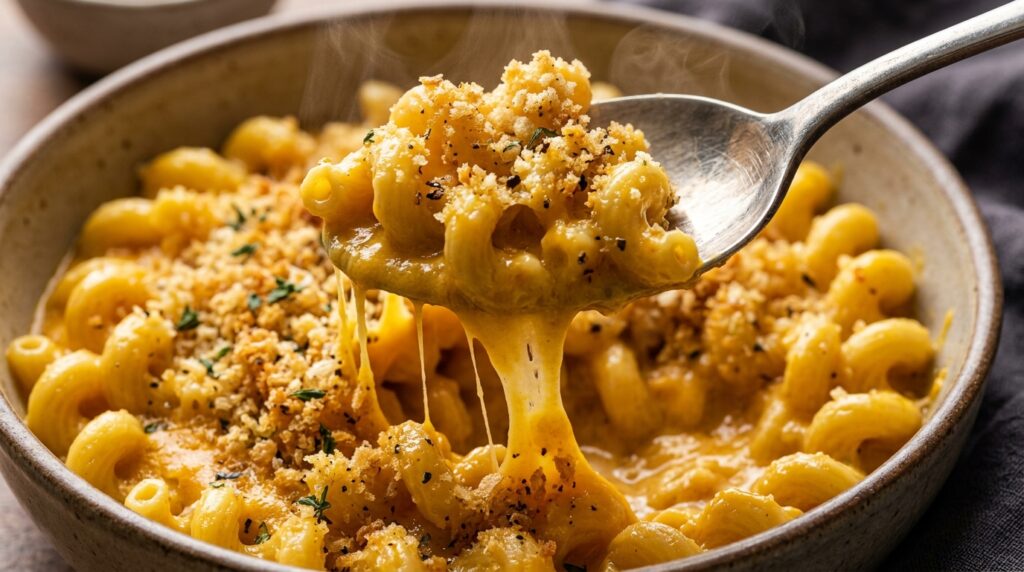 Ultra close-up macro spoon lifting creamy butternut squash mac and cheese with melted cheese pull and crispy toasted panko crust