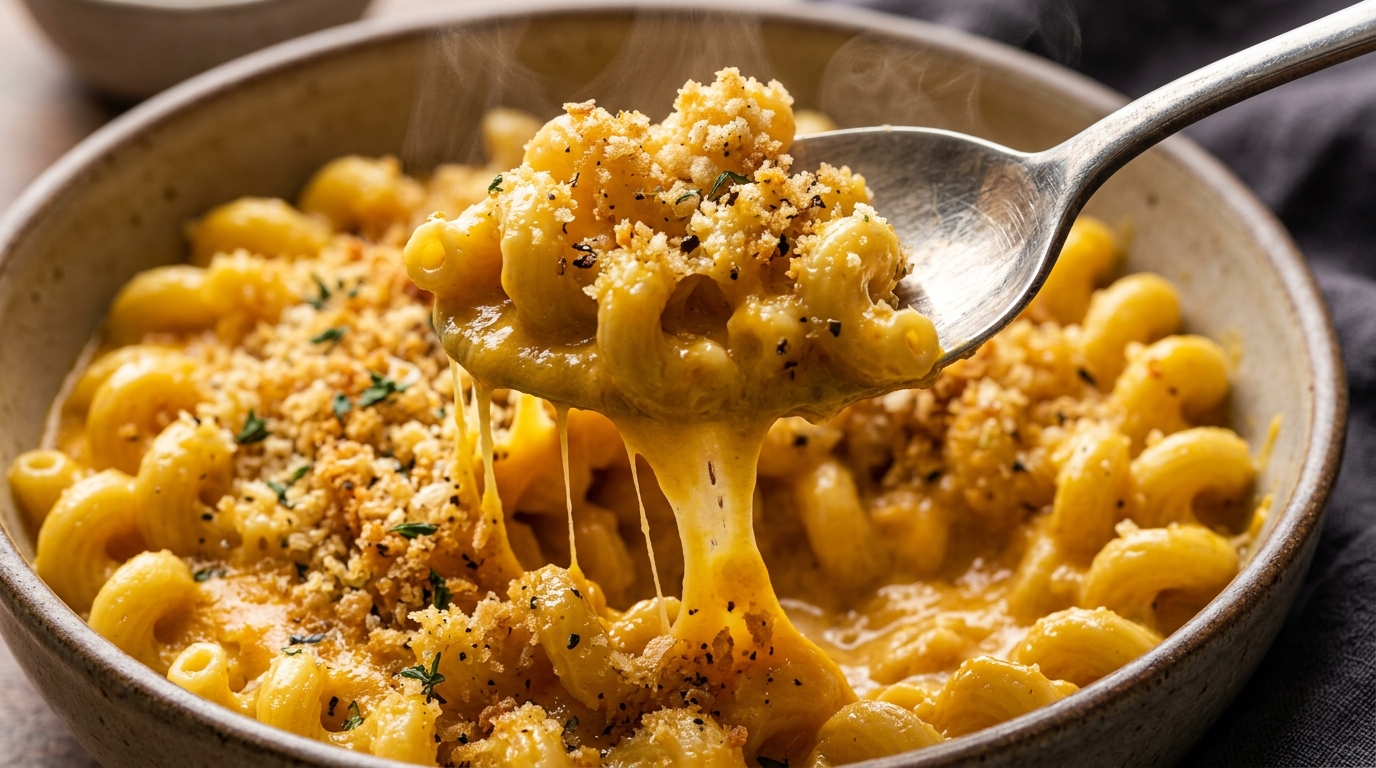 Ultra close-up macro spoon lifting creamy butternut squash mac and cheese with melted cheese pull and crispy toasted panko crust