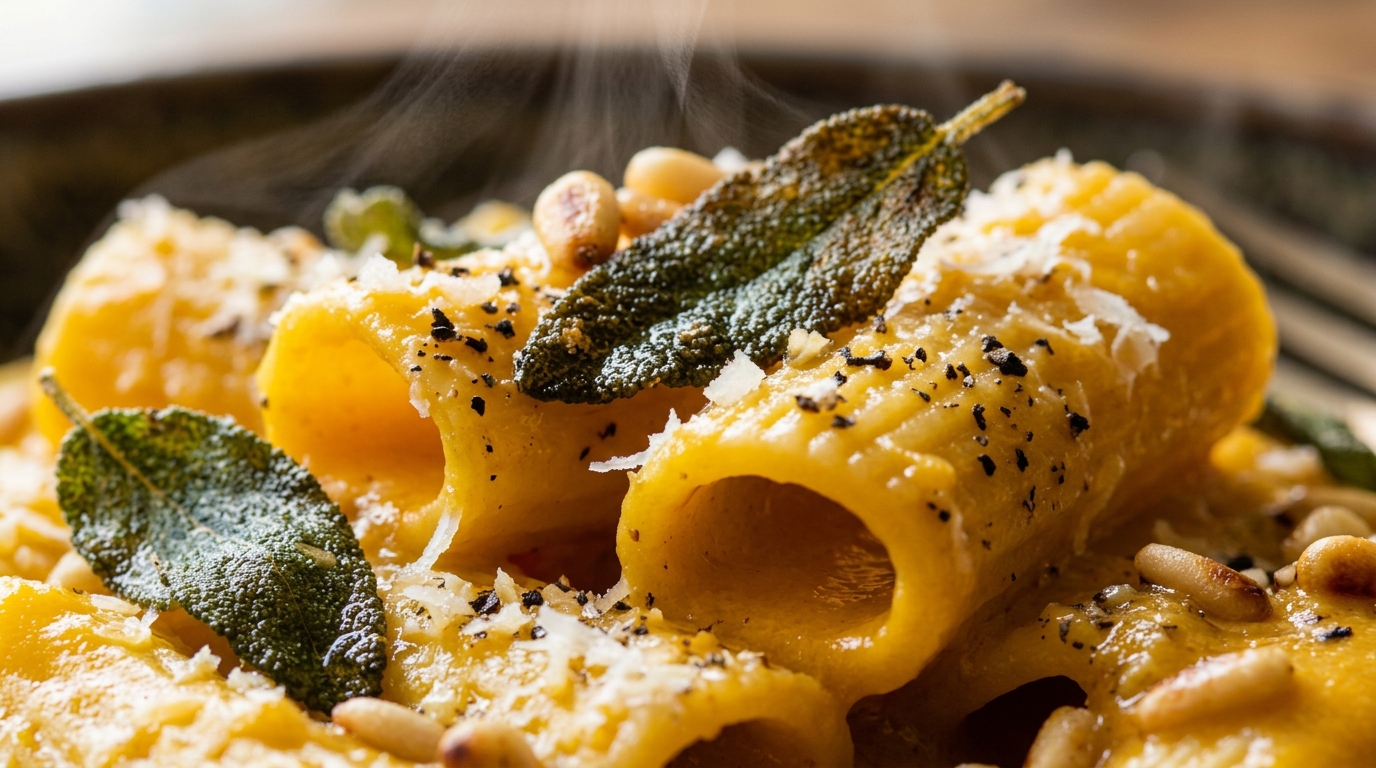 Ultra close-up macro of creamy garlic butternut squash pasta with crispy sage and parmesan