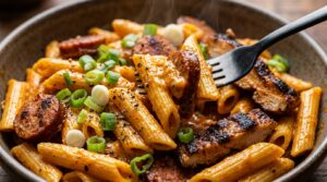 Ultra close-up macro of ridged penne pasta tossed with sliced spiced halal sausage and blackened chicken in creamy Cajun Parmesan sauce