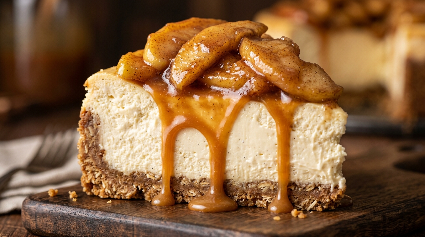 Ultra close-up macro of a tall slice of decadent caramel apple cheesecake with spiced oat crust and golden caramel drizzle