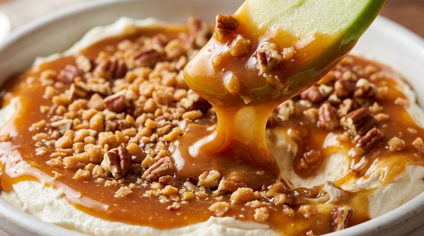 Ultra close-up macro of crisp apple slice dipping into layered warm caramel toffee apple dip