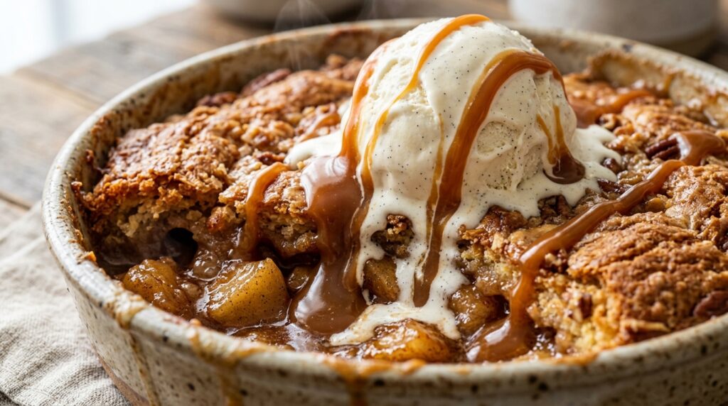 Ultra close-up macro of warm caramel apple dump cake in a ceramic baking dish with buttery golden cake crust, bubbling spiced apples, salted caramel, and melting vanilla ice cream
