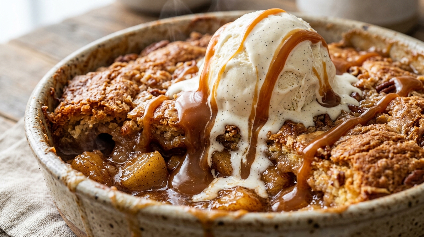 Ultra close-up macro of warm caramel apple dump cake in a ceramic baking dish with buttery golden cake crust, bubbling spiced apples, salted caramel, and melting vanilla ice cream