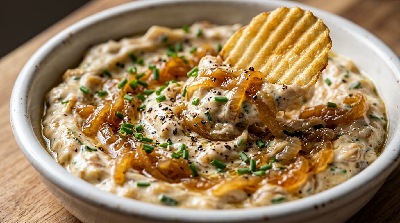 Ultra close-up macro creamy caramelized French onion dip with golden onions and crunchy kettle chip
