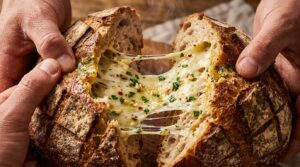 Ultra close-up macro of hands pulling apart warm crusty sourdough bread with stretchy melted mozzarella and garlic herb butter