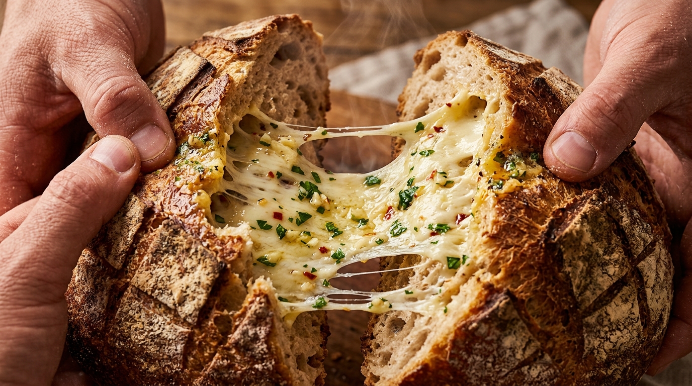 Ultra close-up macro of hands pulling apart warm crusty sourdough bread with stretchy melted mozzarella and garlic herb butter