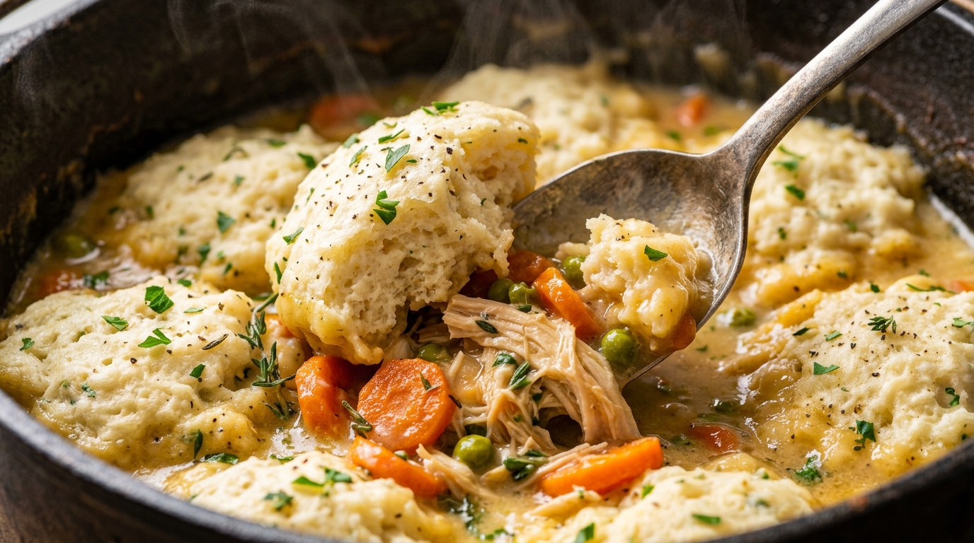 Ultra close-up macro of a spoon breaking through a fluffy herb buttermilk dumpling in rich creamy chicken stew